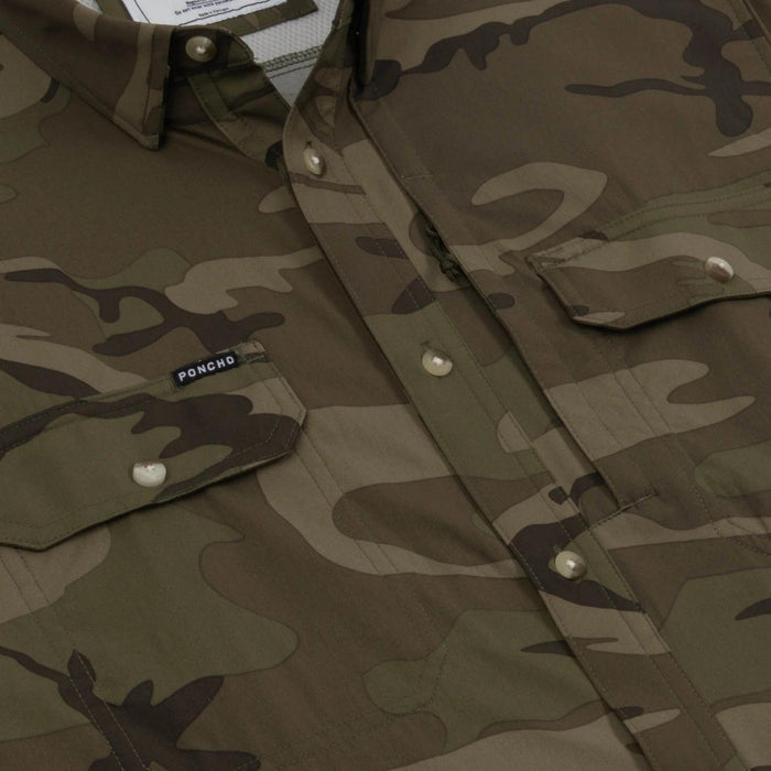 Poncho Torcaza long sleeve shirt in dad camo print with magnetic chest pockets and button-down collar.
