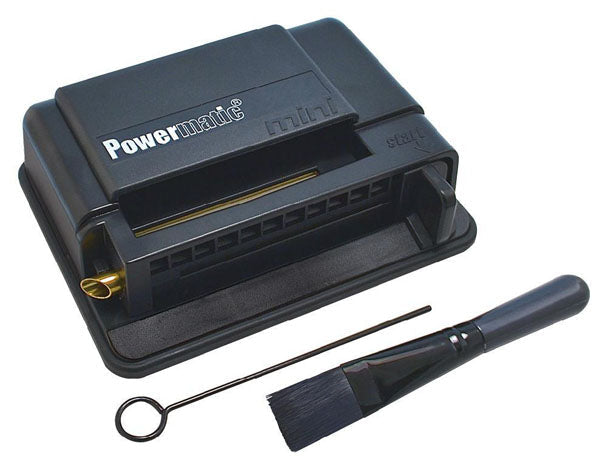 A close-up, angled view of the black Powermatic Mini Cigarette Injector Machine, showing its compact design and branding details.