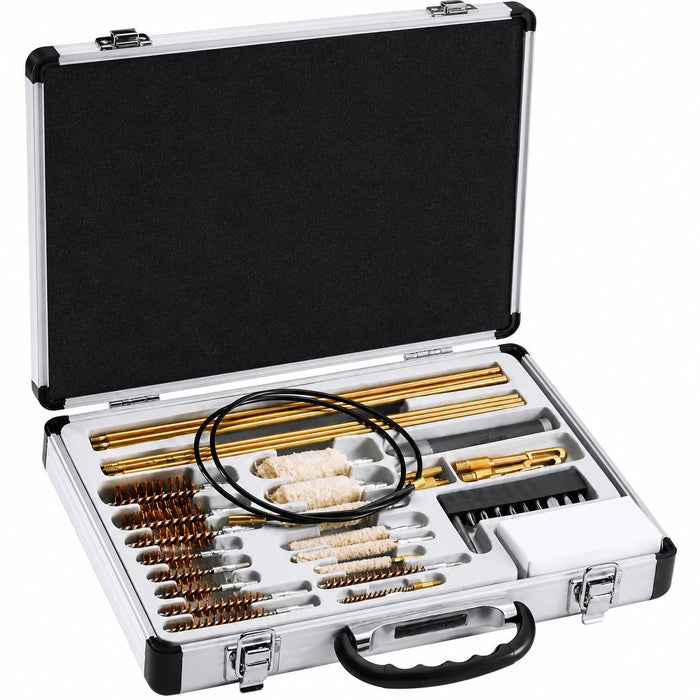 Pursuit Gear gun cleaning kit in a silver aluminum case with brass rods, wire brushes, mops, and tools in foam slots.