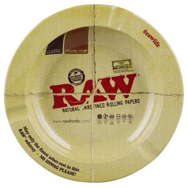 Overhead shot of the RAW Round Metal Magnetic Ashtray featuring branding and text on its circular surface.