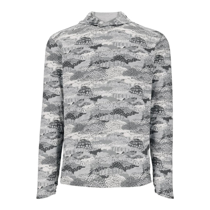 Simms Bugstopper Solarflex hoody in grey camo print with a protective knit hood and long sleeves for sun protection.