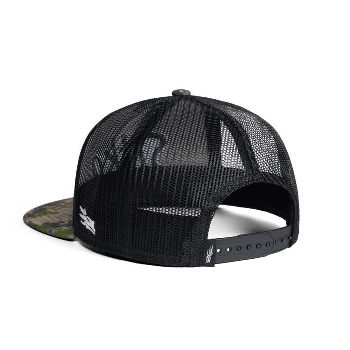 Sitka 90's Script Hi Pro trucker cap with black mesh back, adjustable snapback closure, and Optifade camo print bill.