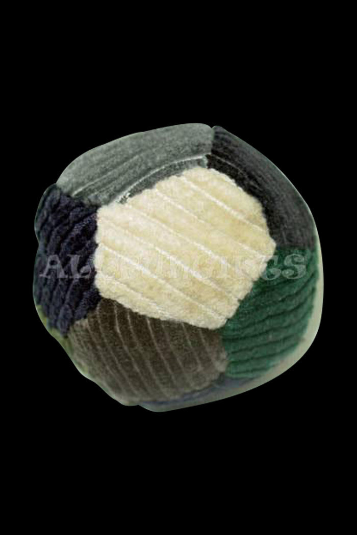 A top-down view of the Corduroy Patchwork Sand-Filled Hacky Sack - 12 Panel, showcasing its colorful, patterned surface.