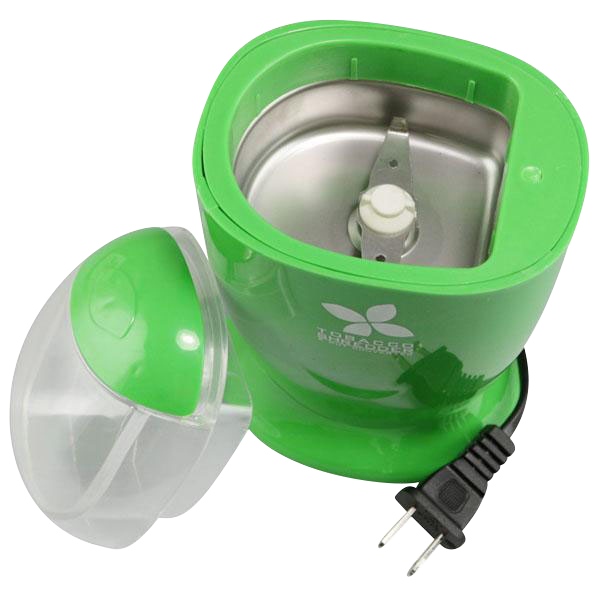A slightly angled view of the Large Electric Grinder & Shredder with a partially open clear lid and black wall plug.