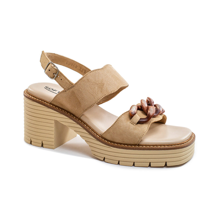 Softwaves Birdie beige suede platform sandal with a chunky block heel, slingback strap, and brown acrylic chain detail.