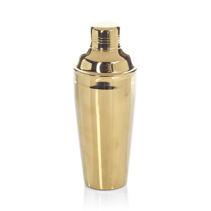 Elegant 9.5-inch cocktail shaker with a reflective glossy gold stainless steel finish and built-in strainer lid.