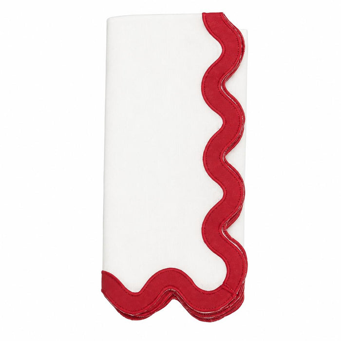 White stone-washed linen napkin with a decorative red scalloped edge, 20-inch square formal dining accessory.