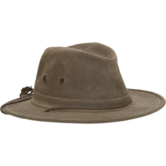 Olive green waxed cotton Stormy Kromer Backwoods Cruiser hat with a wide brim, vented grommets, and a leather chin strap.