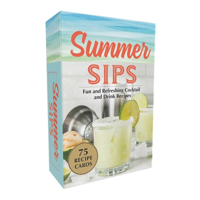 Summer Sips cocktail recipe card deck box featuring a margarita illustration and blue sky design on a white background.