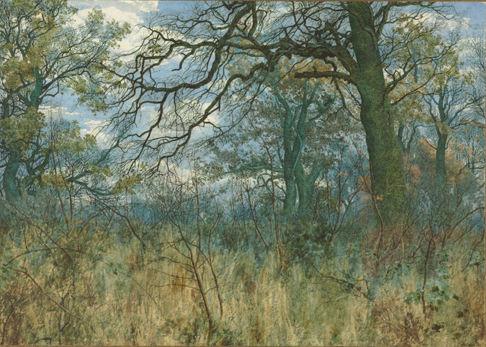Landscape painting of trees and undergrowth with a blue sky.