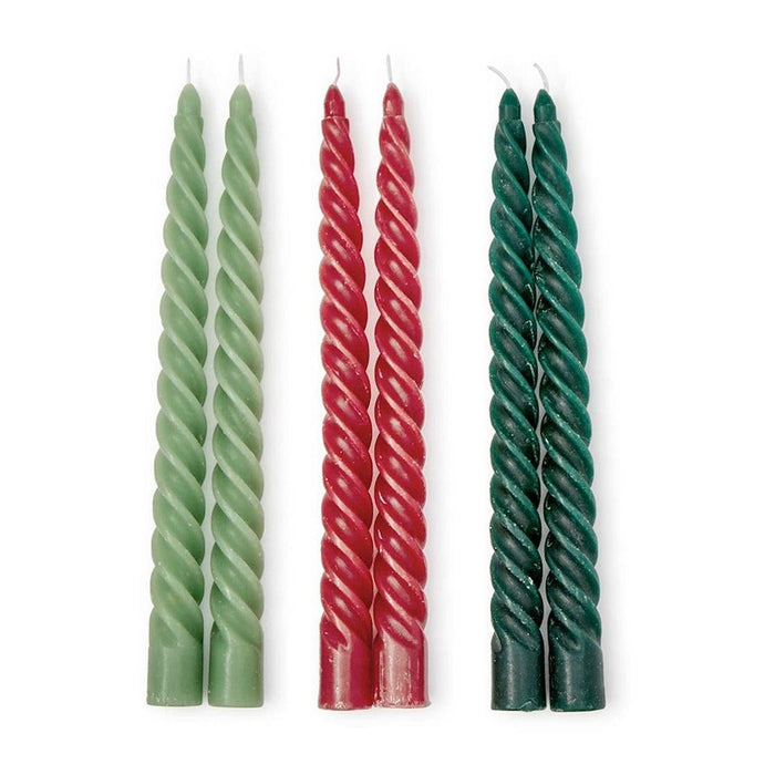 Set of six 10-inch spiral twist taper candles in sage green, red, and dark forest green wax against a white background.