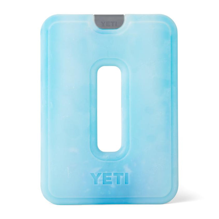 Light blue rectangular YETI Ice Sheet with a center cutout and embossed logo for cooler ice retention.