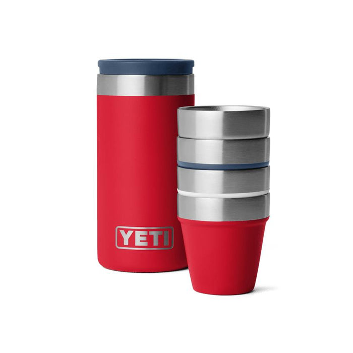 Red YETI shot glass set with four stackable stainless steel cups and a matching rugged carrying case.