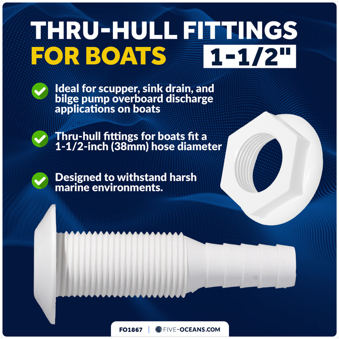 1-1/2" Thru-Hull Fittings for Boat, White - FO1867 - Five Oceans