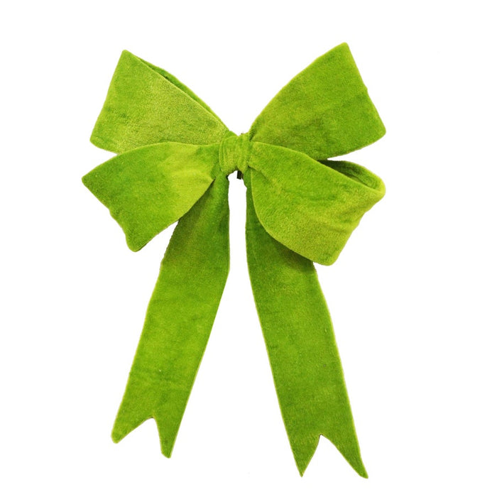 11-inch bright green velvet holiday bow with long, notched tails for festive wreath and garland decoration.