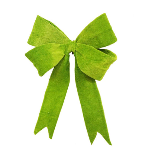 11-inch bright green velvet holiday bow with long, notched tails for festive wreath and garland decoration.