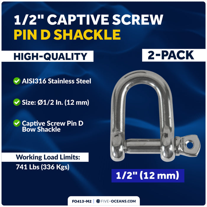 1/2" Captive Screw Pin D Anchor Shackle, AISI316 Stainless Steel, 2-Pack