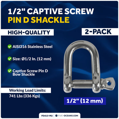 1/2" Captive Screw Pin D Anchor Shackle, AISI316 Stainless Steel, 2-Pack