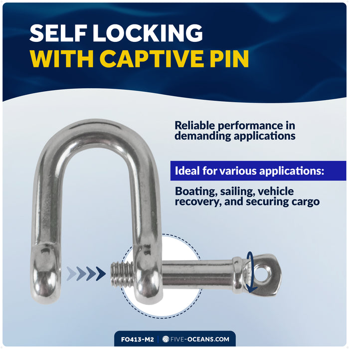 1/2" Captive Screw Pin D Anchor Shackle, AISI316 Stainless Steel, 2-Pack