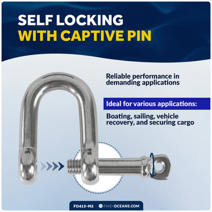 1/2" Captive Screw Pin D Anchor Shackle, AISI316 Stainless Steel, 2-Pack