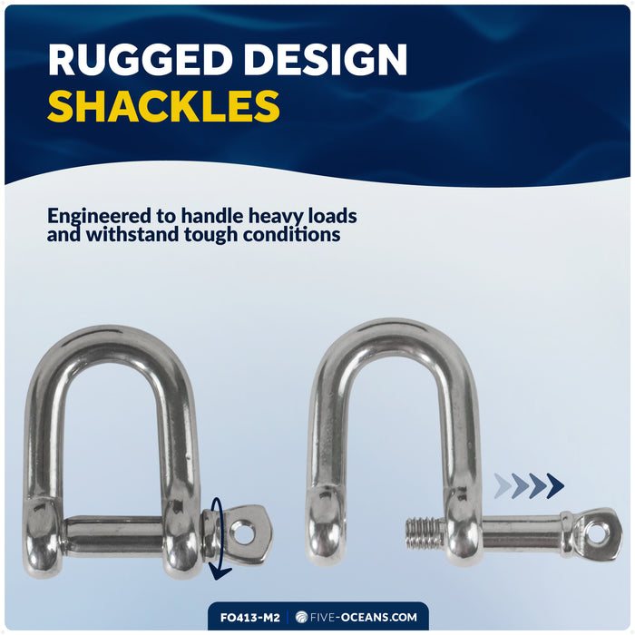 1/2" Captive Screw Pin D Anchor Shackle, AISI316 Stainless Steel, 2-Pack