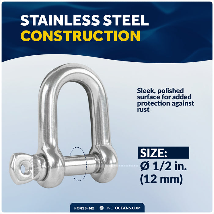1/2" Captive Screw Pin D Anchor Shackle, AISI316 Stainless Steel, 2-Pack