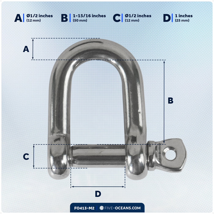 1/2" Captive Screw Pin D Anchor Shackle, AISI316 Stainless Steel, 2-Pack