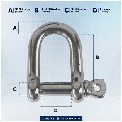1/2" Captive Screw Pin D Anchor Shackle, AISI316 Stainless Steel, 2-Pack