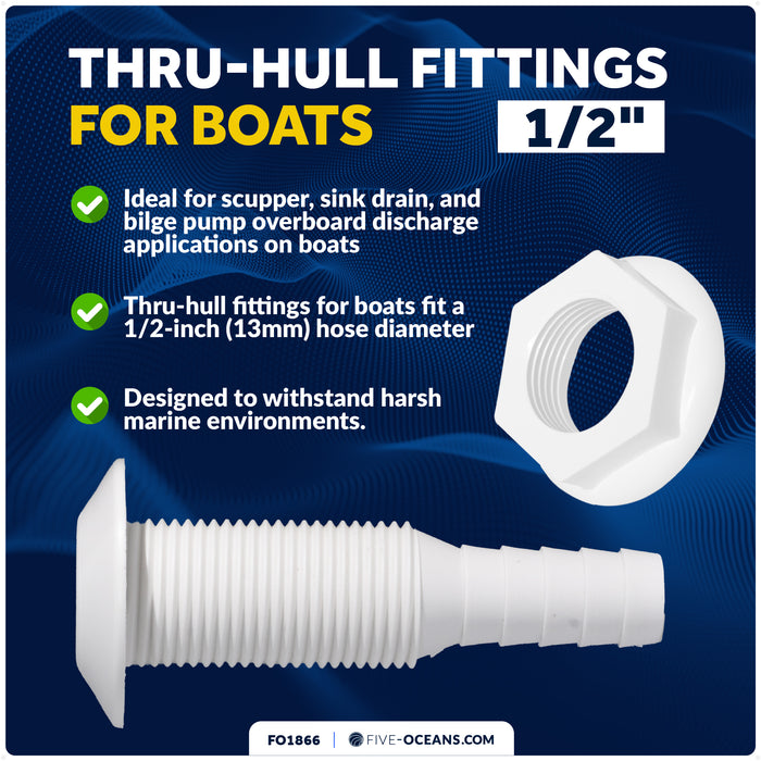 1/2" Thru-Hull Fitting, White Nylon – FO1866 - Five Oceans