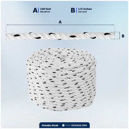 1/2" x 100' Premium 3-Strand Nylon Rope Line, White with Black Tracer - FO4486-M100 - Five Oceans