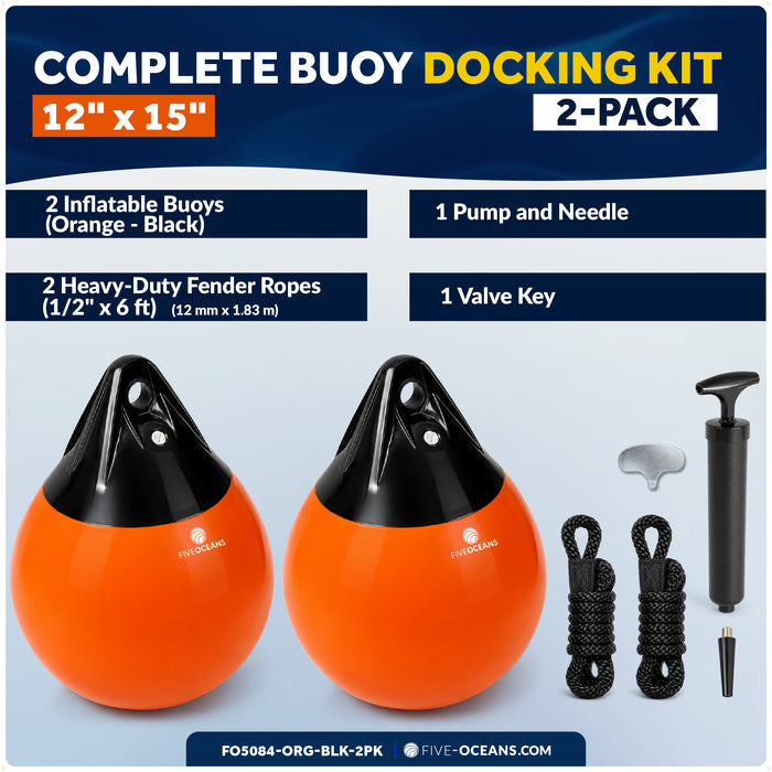 12" x 15" Inflatable Boat Buoy, Marine-Grade PVC - Orange/Black, 2-Pack