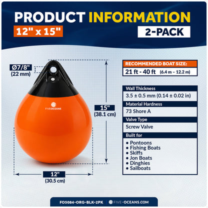 12" x 15" Inflatable Boat Buoy, Marine-Grade PVC - Orange/Black, 2-Pack