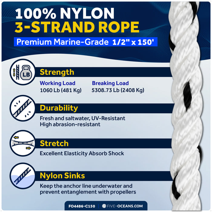 1/2" x 150' Premium 3-Strand Nylon Anchor Line - FO4486-C150 - Five Oceans