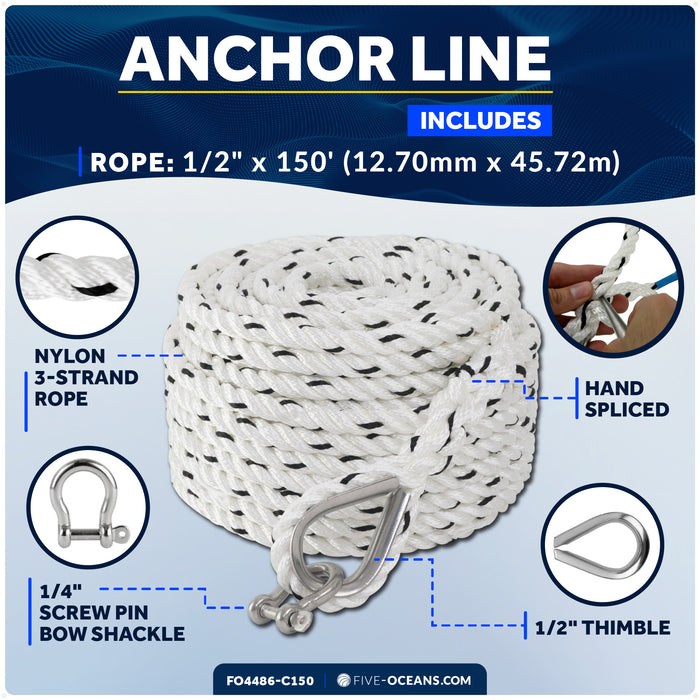 1/2" x 150' Premium 3-Strand Nylon Anchor Line - FO4486-C150 - Five Oceans