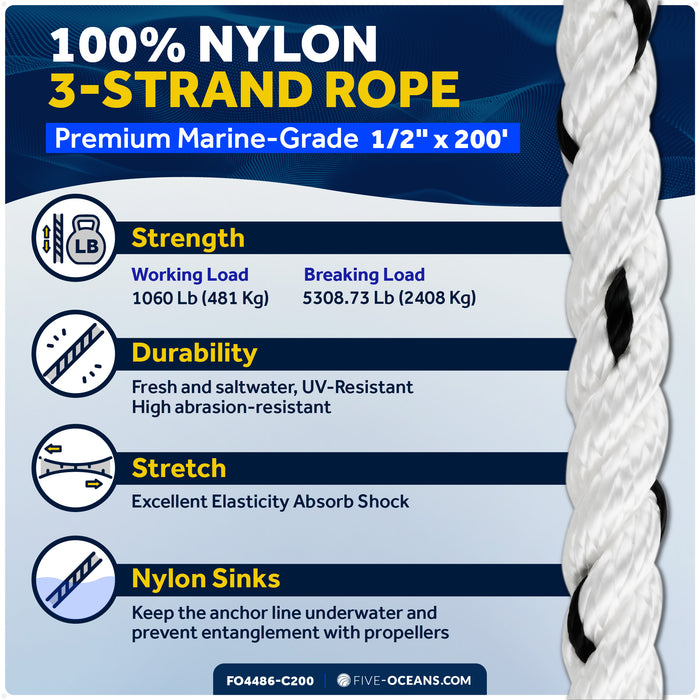 1/2" x 200' Premium 3-Strand Nylon Anchor Line - FO4486-C200 - Five Oceans