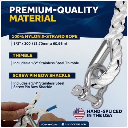 1/2" x 200' Premium 3-Strand Nylon Anchor Line - FO4486-C200 - Five Oceans