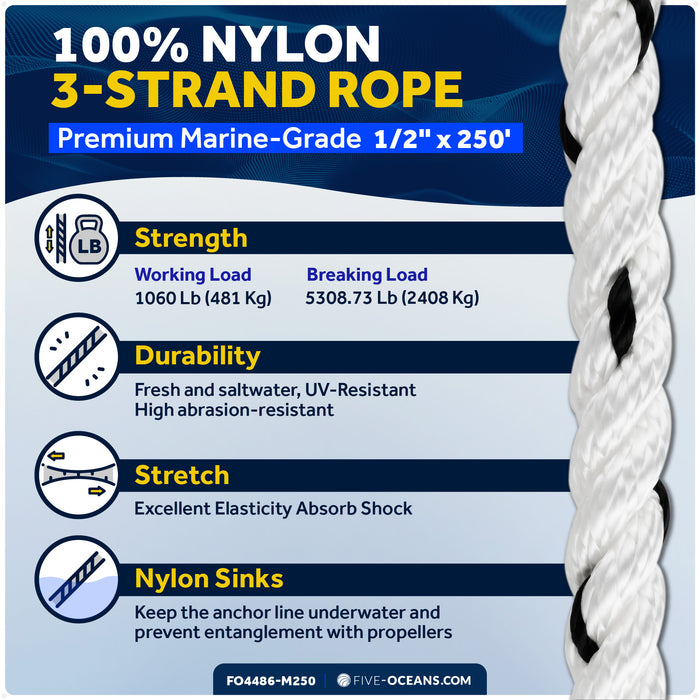 1/2" x 250' Premium 3-Strand Nylon Rope Line, White with Black Tracer - FO4486-M250 - Five Oceans