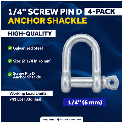 1/4" Screw Pin Bow Anchor Shackle, Hot-Dipped Galvanized Steel, 4-Pack