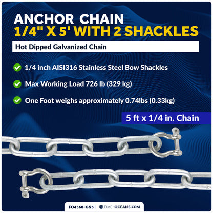 Anchor Chain 1/4" x 5' with Shackles - Galvanized Steel - FO4568-GN5 - Five Oceans