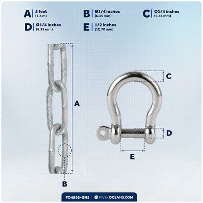 Anchor Chain 1/4" x 5' with Shackles - Galvanized Steel - FO4568-GN5 - Five Oceans