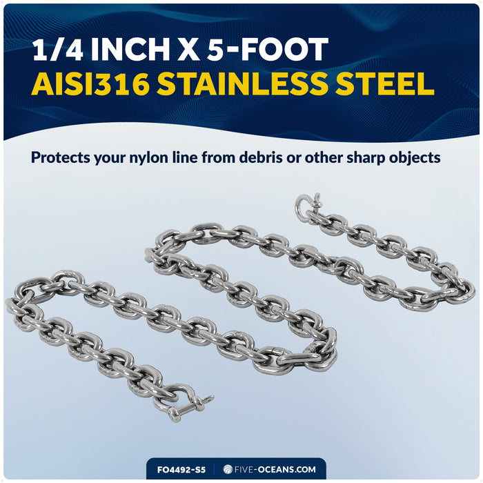 Anchor Chain 1/4" x 5' with 2 Shackles, HT G4 Stainless Steel - FO4492-S5 - Five Oceans