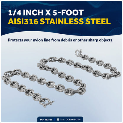 Anchor Chain 1/4" x 5' with 2 Shackles, HT G4 Stainless Steel - FO4492-S5 - Five Oceans