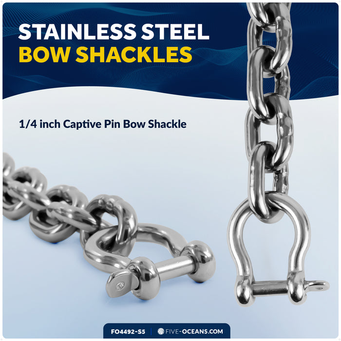 Anchor Chain 1/4" x 5' with 2 Shackles, HT G4 Stainless Steel - FO4492-S5 - Five Oceans