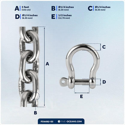 Anchor Chain 1/4" x 5' with 2 Shackles, HT G4 Stainless Steel - FO4492-S5 - Five Oceans