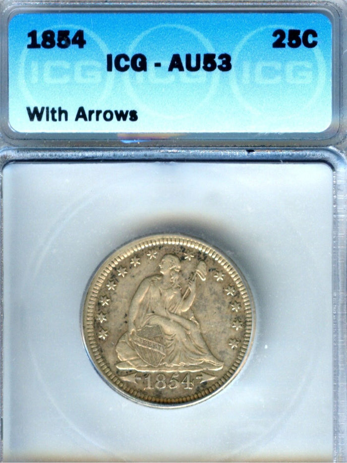 1854 Seated Liberty Quarter Arrows ICG AU53 | Of Coins & Crystals