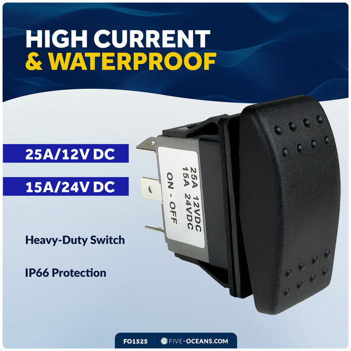 2-Pin On-Off Rocker Switch, SPST, 25A/12V DC - 15A/24V DC - FO1525 - Five Oceans