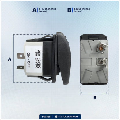 2-Pin On-Off Rocker Switch, SPST, 25A/12V DC - 15A/24V DC - FO1525 - Five Oceans