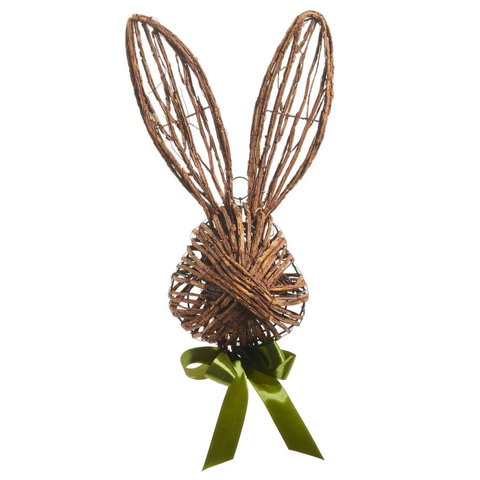 21-inch rustic rabbit head wall decor crafted from natural brown twigs with an airy openwork design and green ribbon bow.