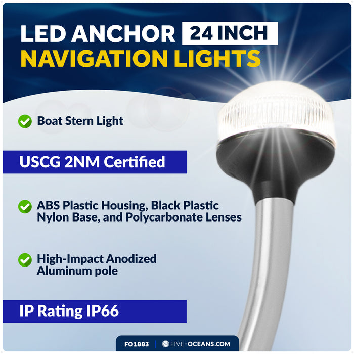 24" LED Anchor Navigation Light, Plug-In, 12V - USCG 2NM Certified - FO1883 - Five Oceans