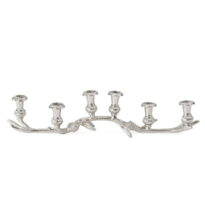 24.5-inch silver aluminum antler candle holder with six taper candle cups.
